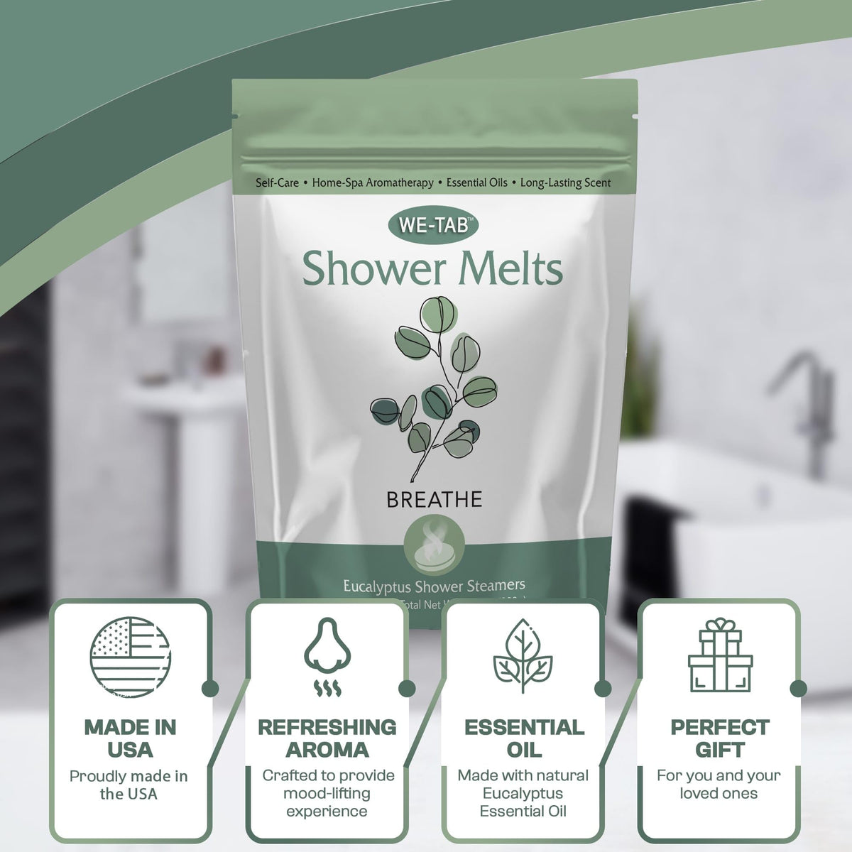 We-Tab essential oil shower melts close up view showing the compact tablet design.