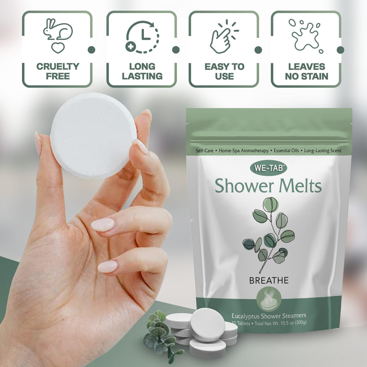 Aromatherapy shower tablet placed on the bathroom floor dissolving in warm steam.