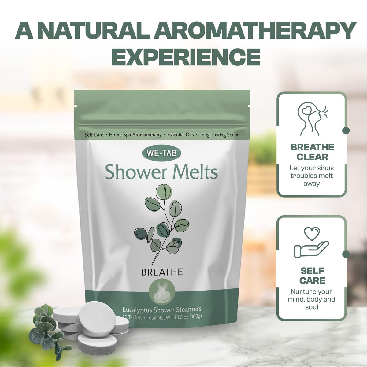 We-Tab shower bombs packaging back view listing usage instructions and product details.