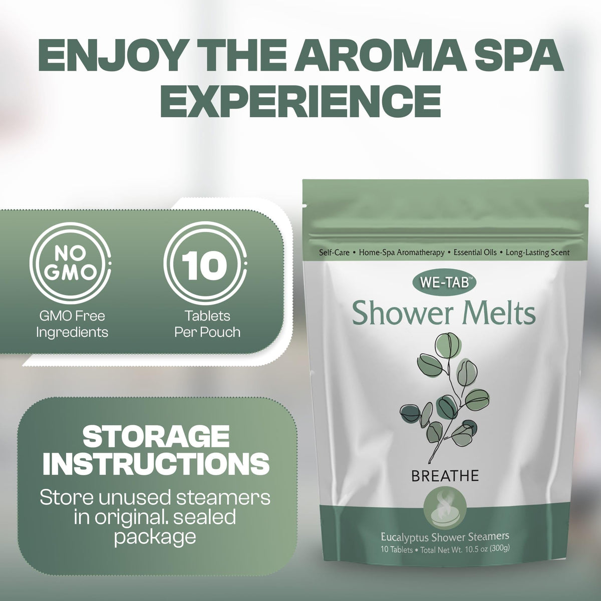 Premium eucalyptus aromatherapy shower steamers displayed next to fresh green leaves.