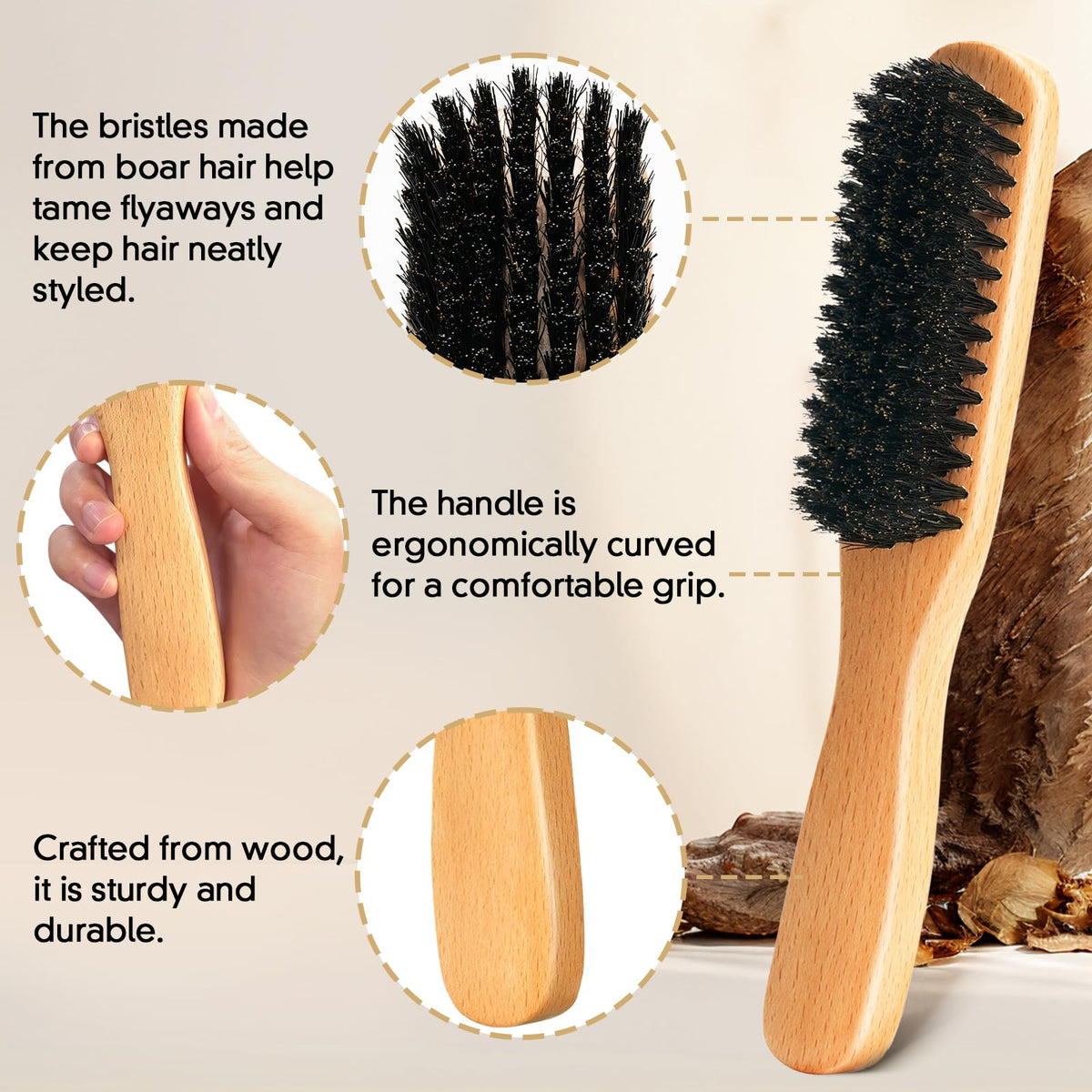 Natural boar bristle brush for slick back hair