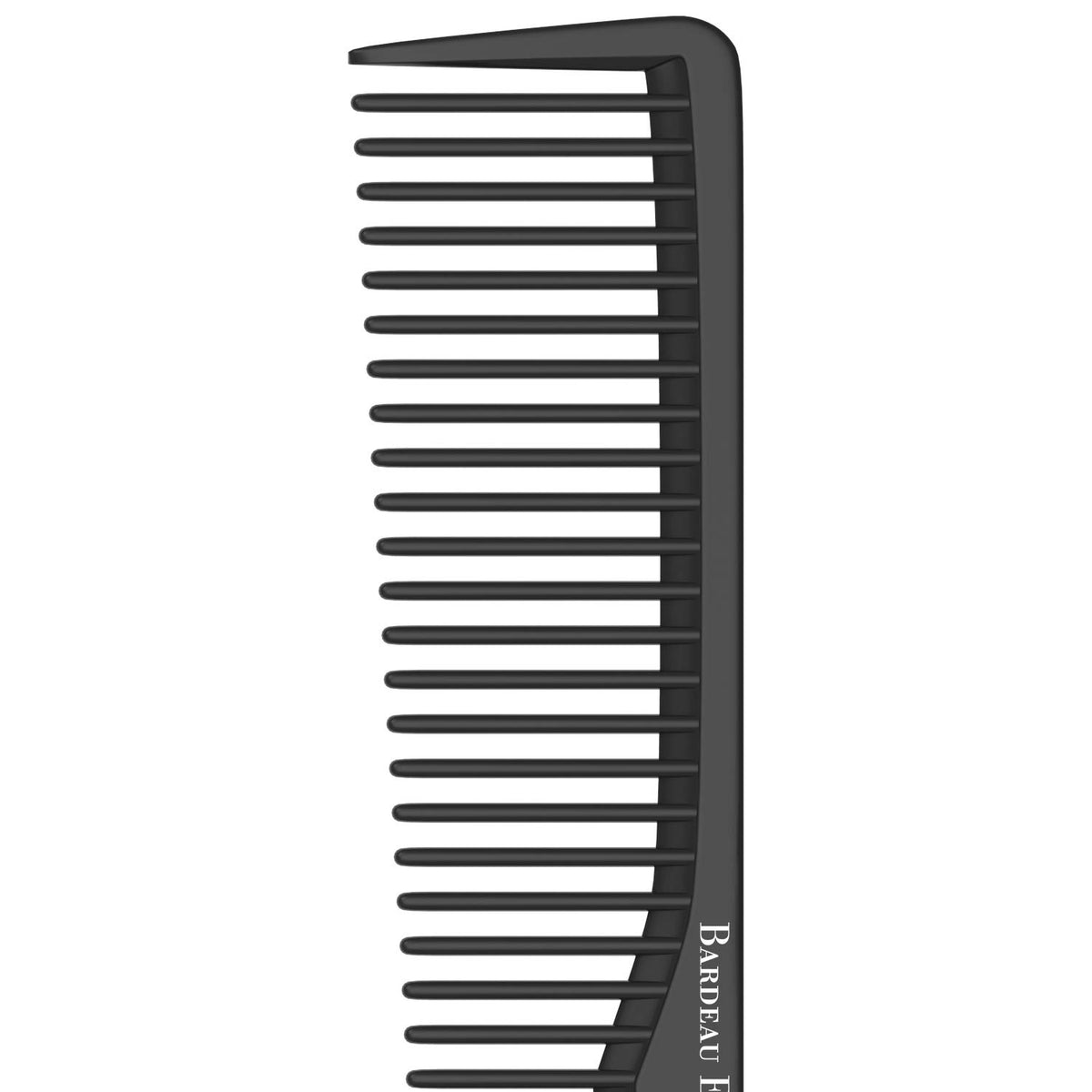Detailed view of carbon fiber texture on Bardeau Essentials styling comb