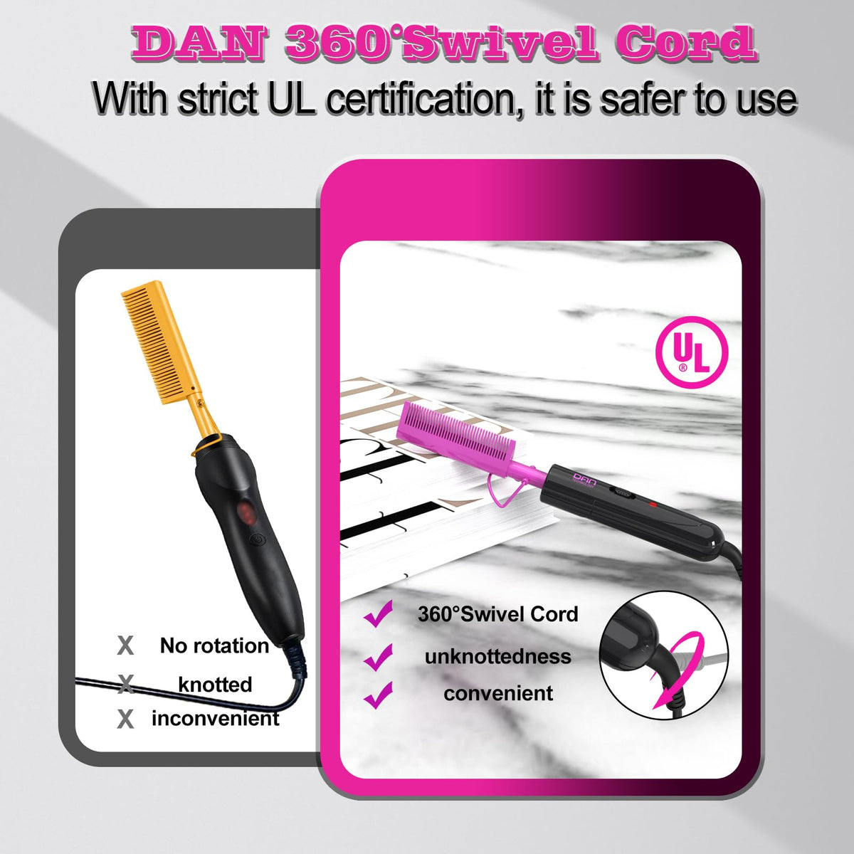 DAN Technology hair straightener displayed with travel accessories
