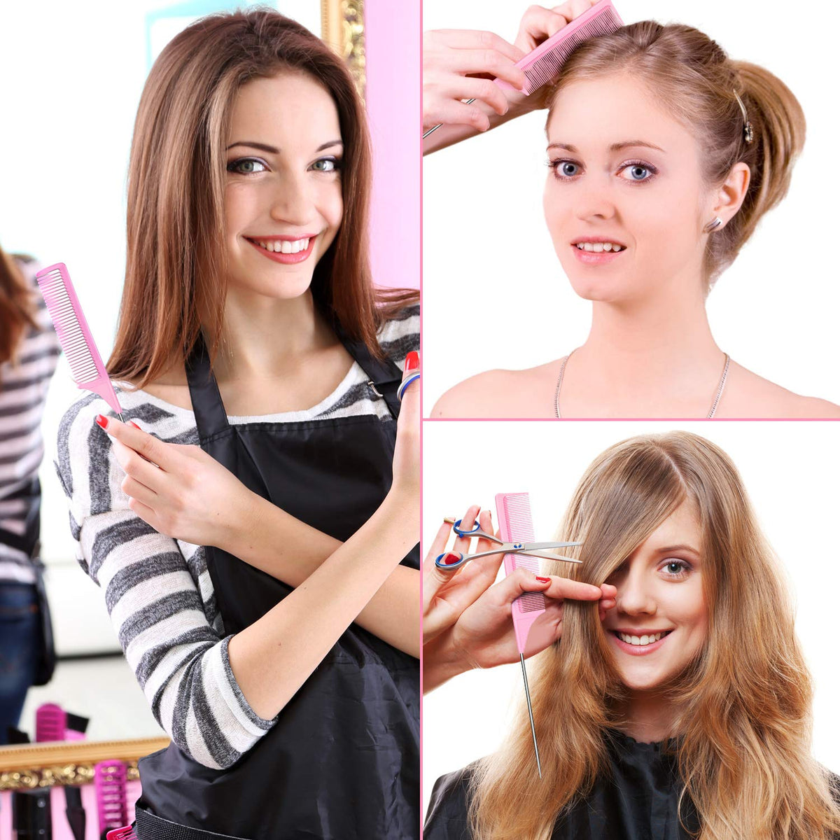 Three pink carbon fiber styling combs arranged for salon use