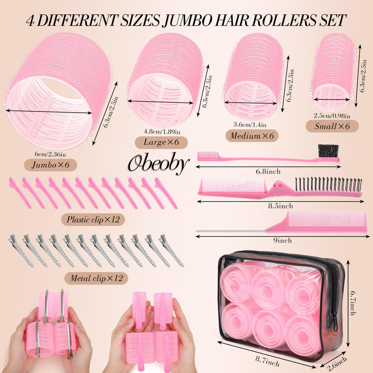 Obeoby heatless hair curlers collection displayed with pink styling clips