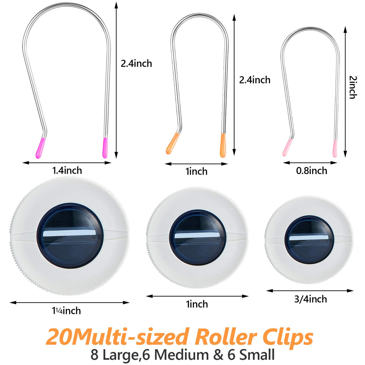 Pack of twenty hair curler replacement clips in three distinct sizes for different rollers.