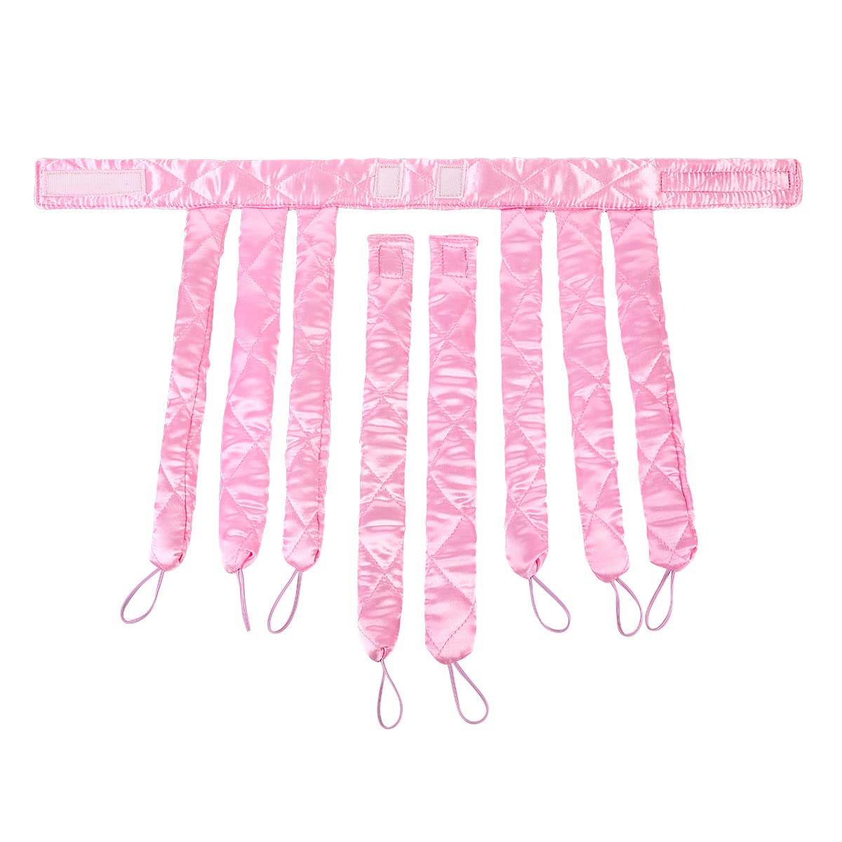 Pink satin heatless curling rod with upgraded magic sticker band for customized hair styling.