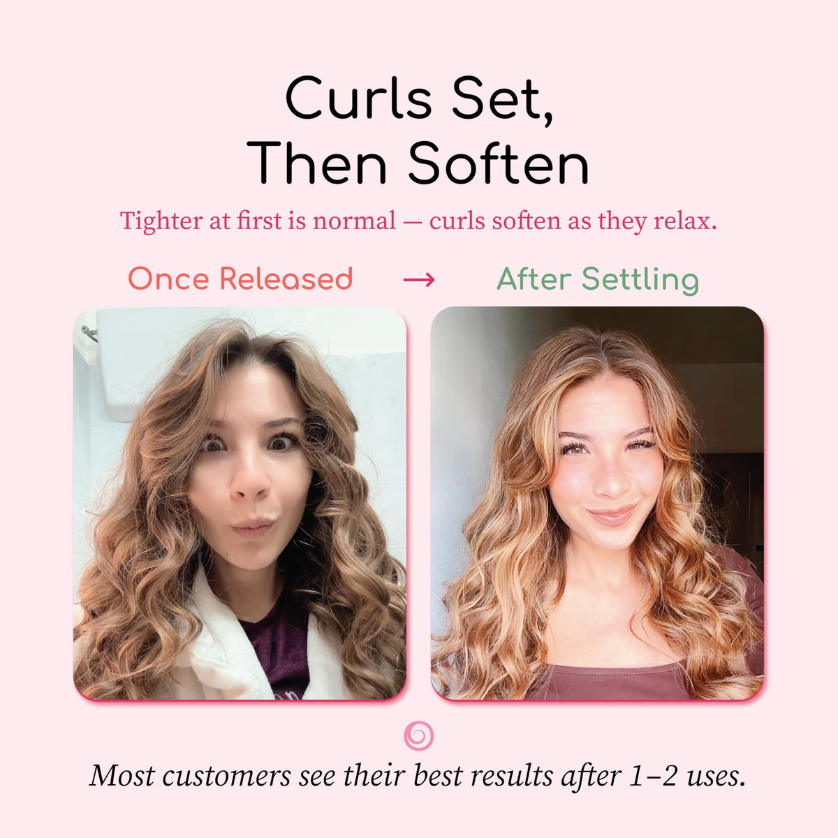 Demonstration of a person wrapping medium length hair around the mauve curling fabric.
