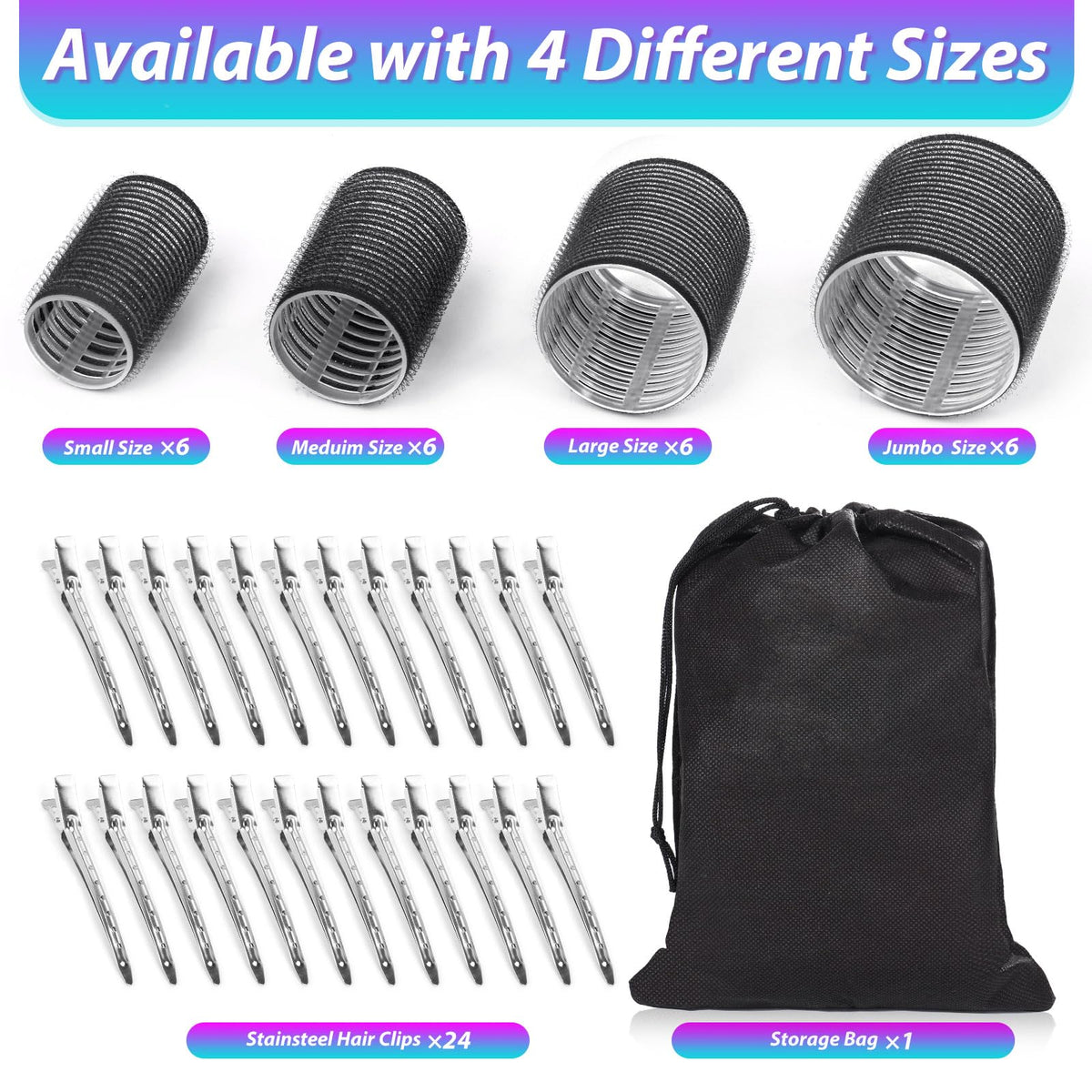 Shynek self-grip hair rollers close-up demonstrating the four distinct sizes from jumbo to small