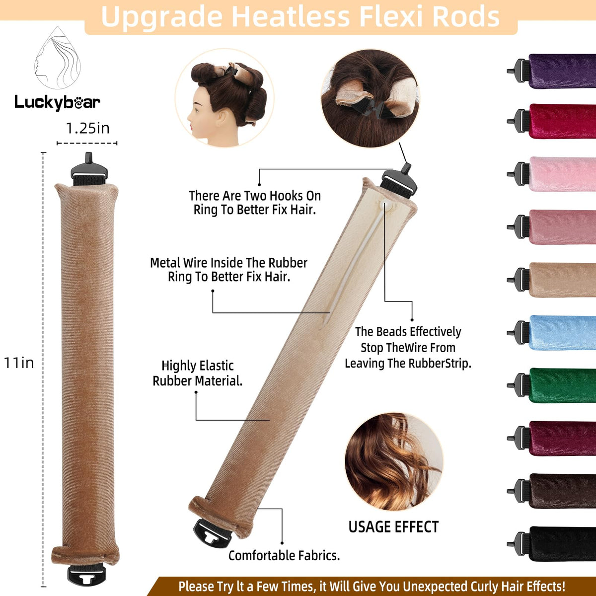 Luckybear heatless curls satin jumbo flexi rods close up highlighting the soft fabric texture