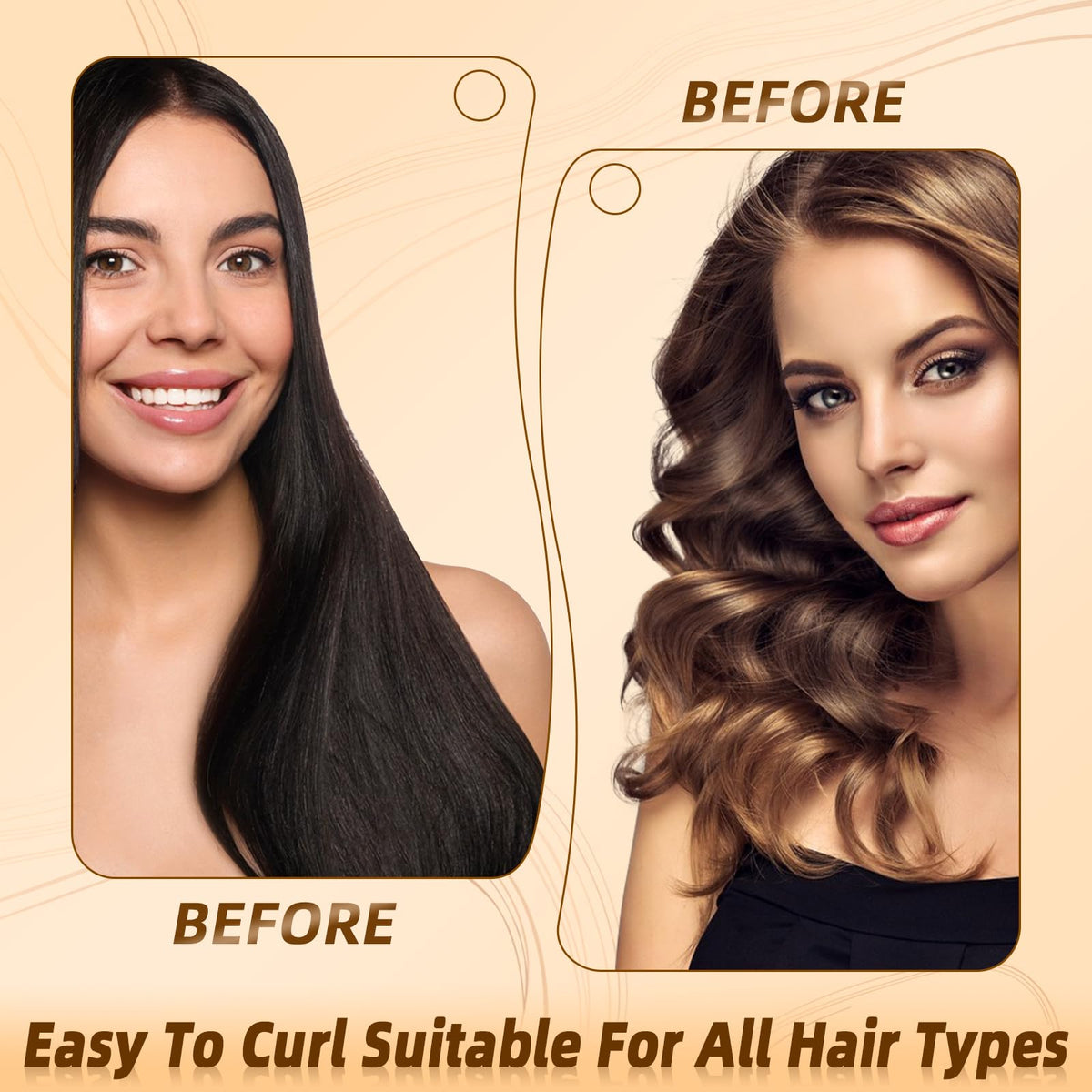 Before and after results using the jumbo satin heatless curlers for voluminous long hair