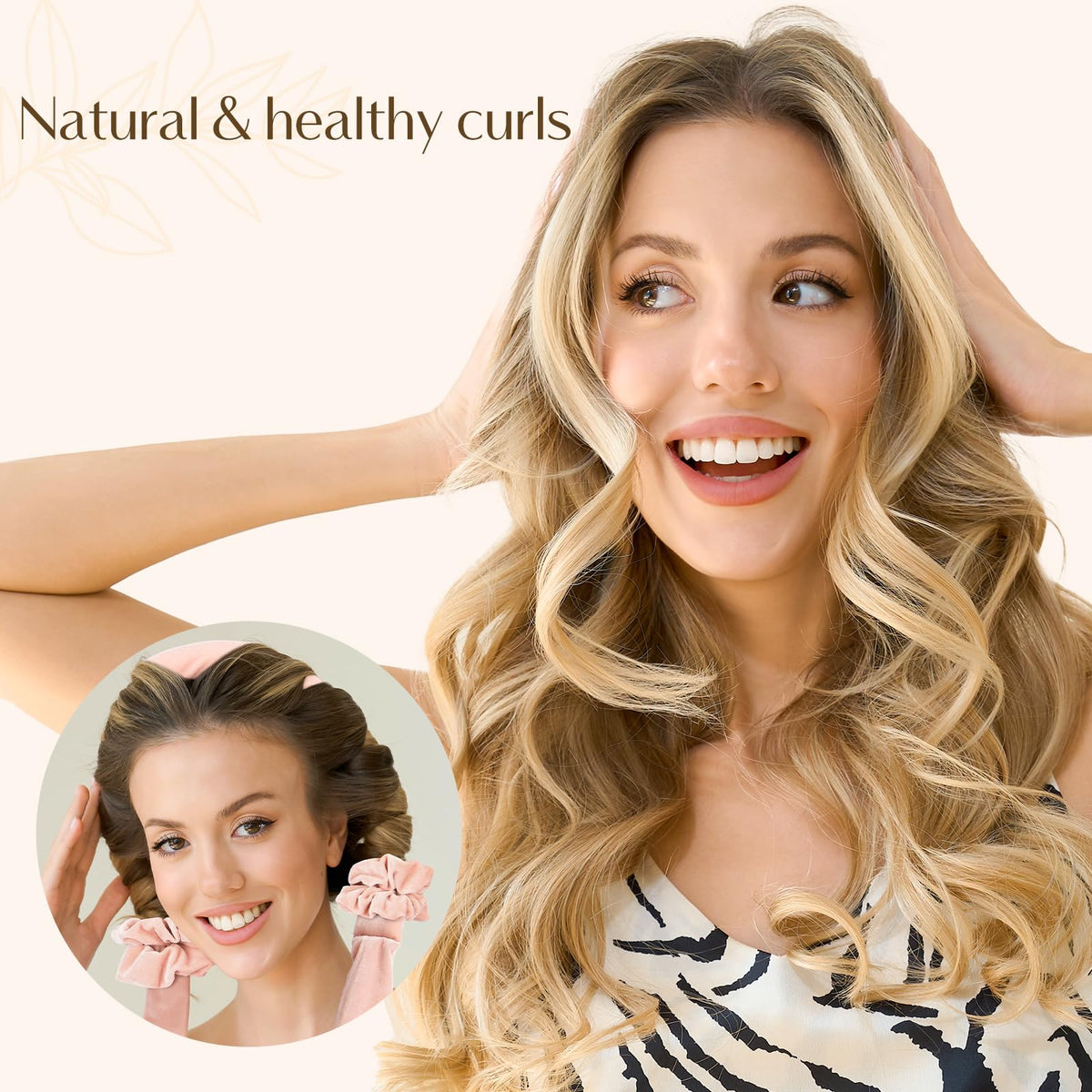 Overnight heat-free hair curling set layout including scrunchies and a claw clip.