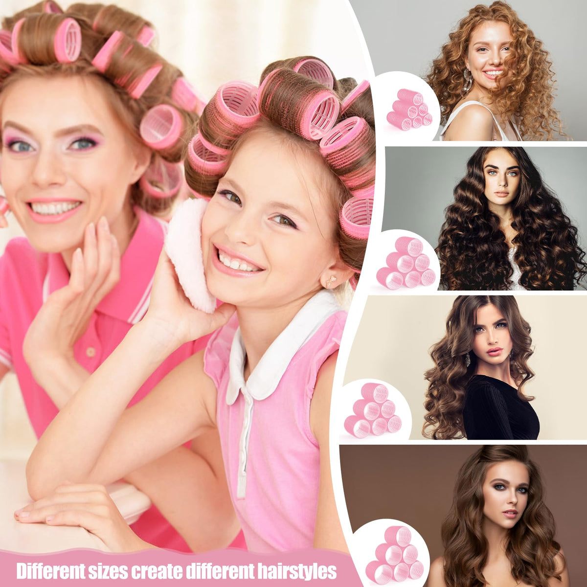 Premium heatless hair styling kit featuring pink self gripping rollers and secure metal duckbill clips.