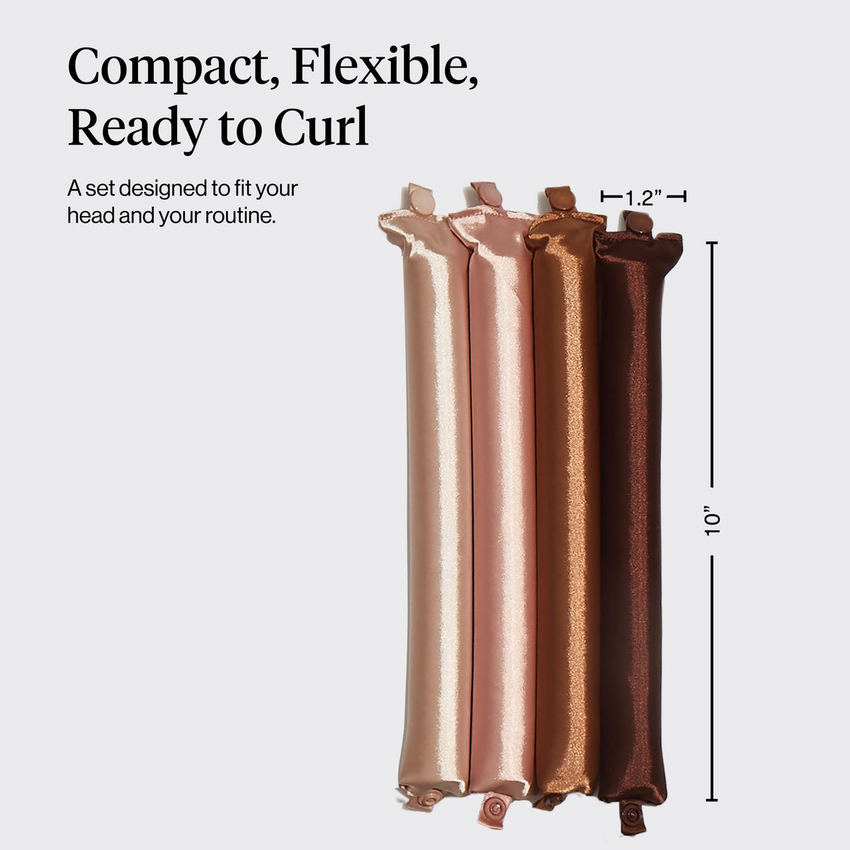 Rosewood color satin hair curlers set laid out showing the large diameter for loose waves.