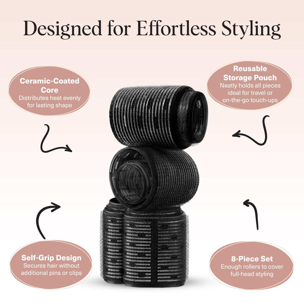 Authentic USA imported Kitsch black hair rollers in assorted sizes