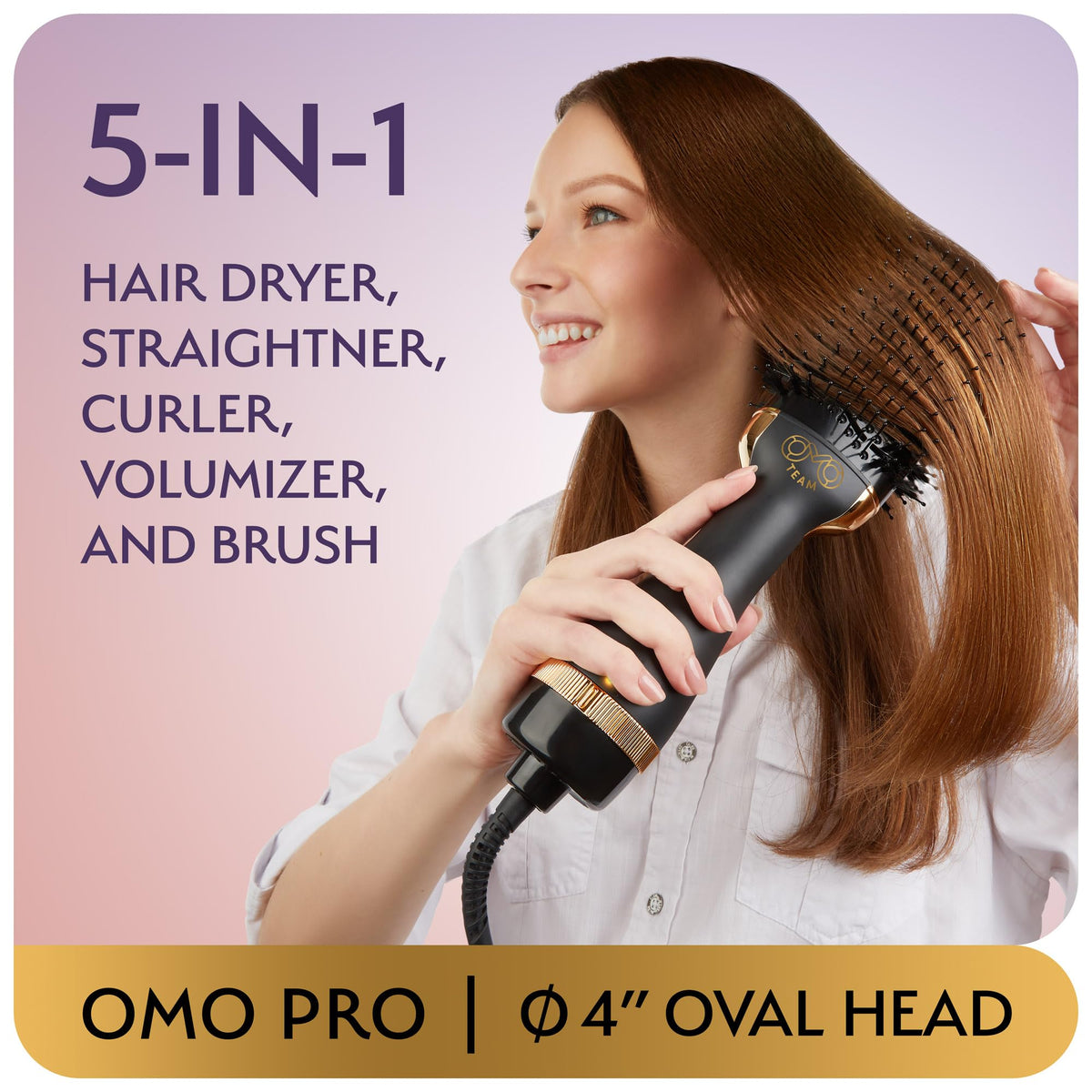 OMOteam black gold hot air brush showcasing the ceramic coated oval barrel design