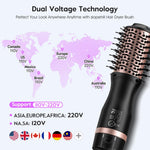 Slopehill ionic blow dryer brush close up focusing on the dual voltage switch and European plug adapter.