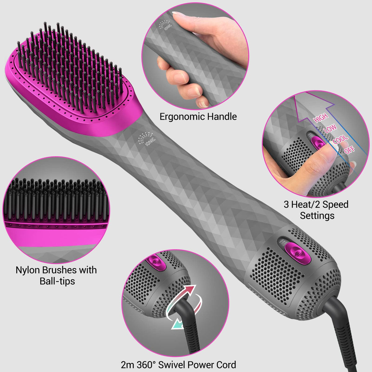 APOKE ceramic tourmaline hot air brush showcasing the ergonomic gray handle and three position temperature control dial.