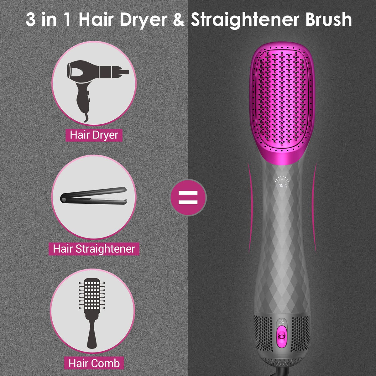 APOKE 1200 watt powerful hair volumizer and straightener brush angle shot demonstrating the airflow vents along the barrel.