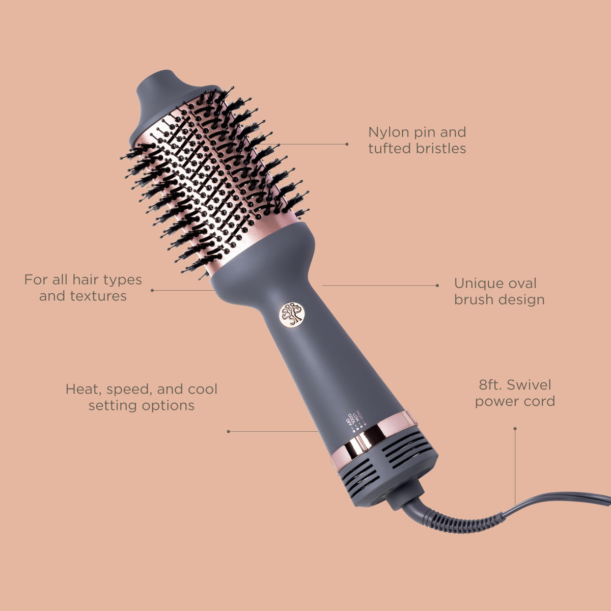 Lightweight matte grey hot air styling tool displaying the speed settings and cool shot button