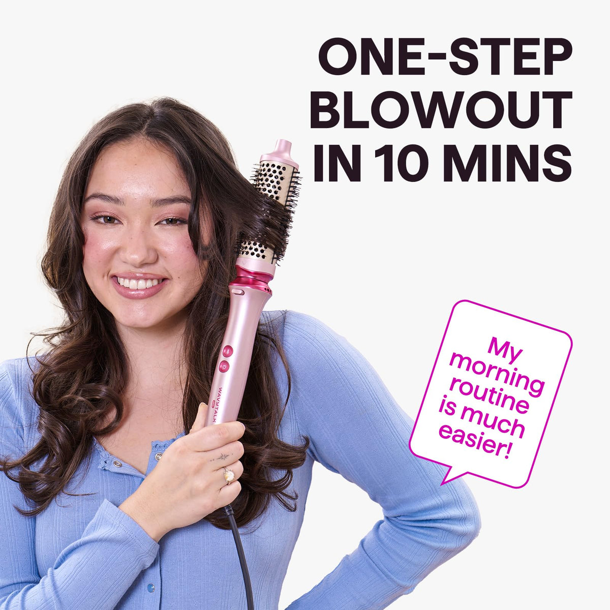 Wavytalk interchangeable heated round brush set displayed with three different barrel attachments for volume styling.