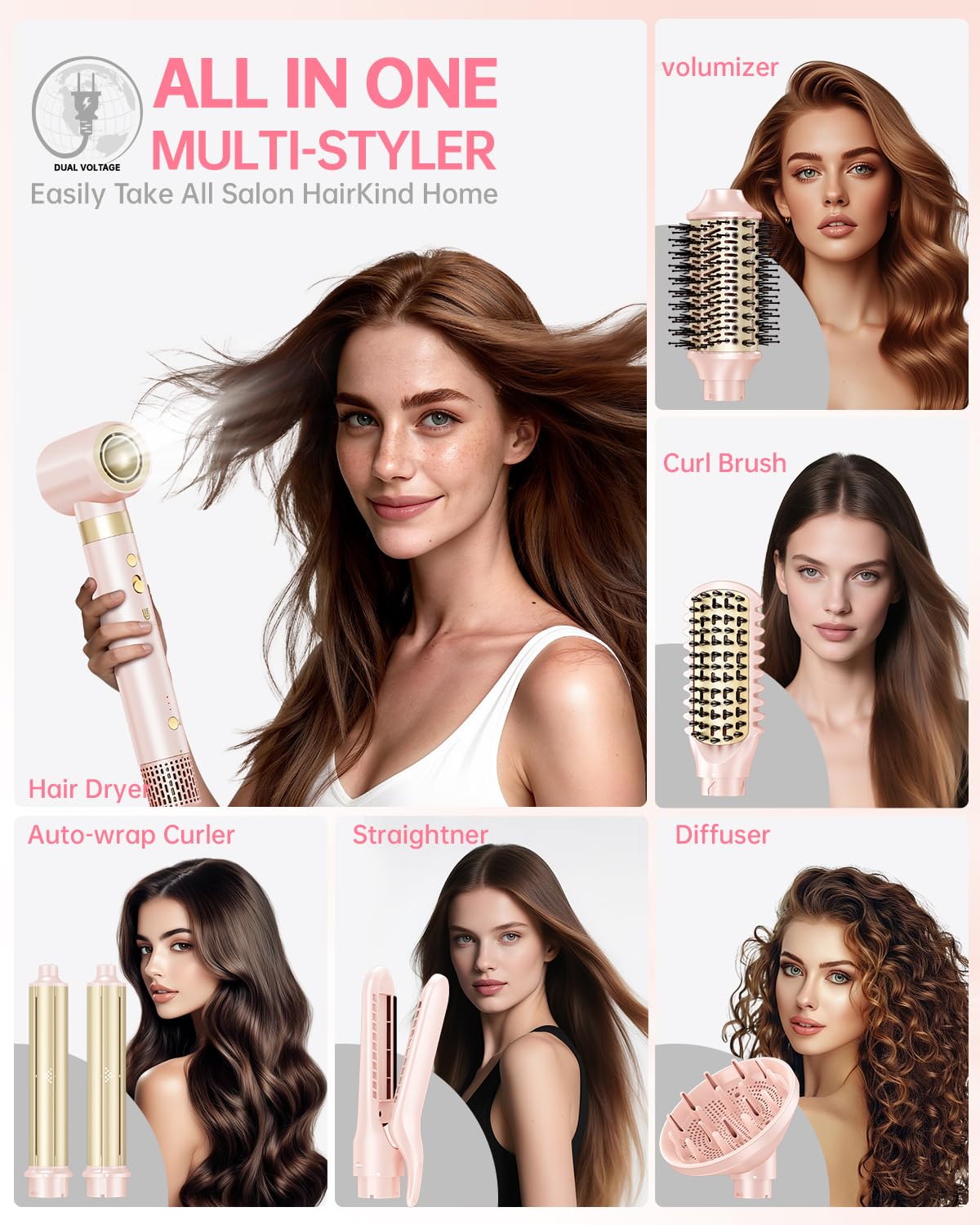 Webeauty hot air styler with interchangeable curling iron and straightener accessories arranged neatly.