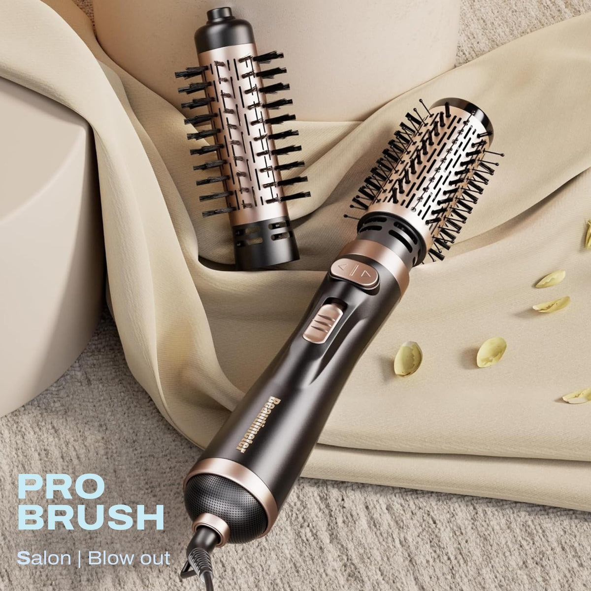 Beautimeter hot air spin brush with two interchangeable styling attachments