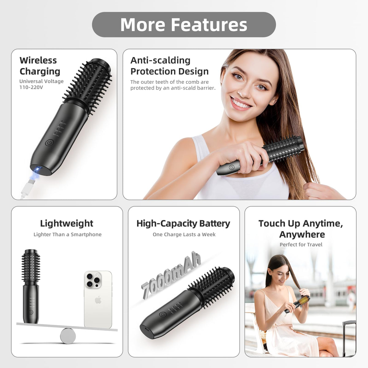 Close-up view of the keratin-coated barrel and safety bristles on the CARESKY cordless volume brush.