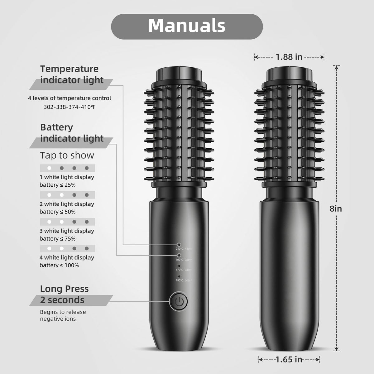 CARESKY 1.5 inch hot round brush showing the four adjustable heat settings ranging up to 410 degrees Fahrenheit.