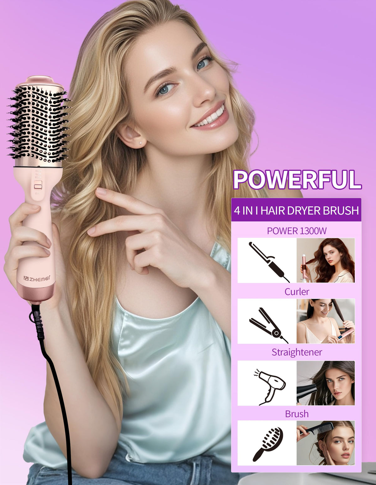 ZM ZHEMEI hot air brush showing the ceramic titanium oval barrel and bristles