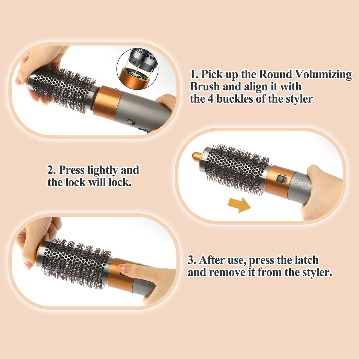 Angled view of the nickel and copper volumizing brush designed for bouncy blowout styles.