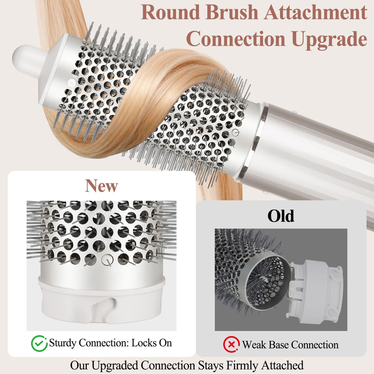 Chivixe silver volumizing hair brush attachment angle view highlighting secure connector base.