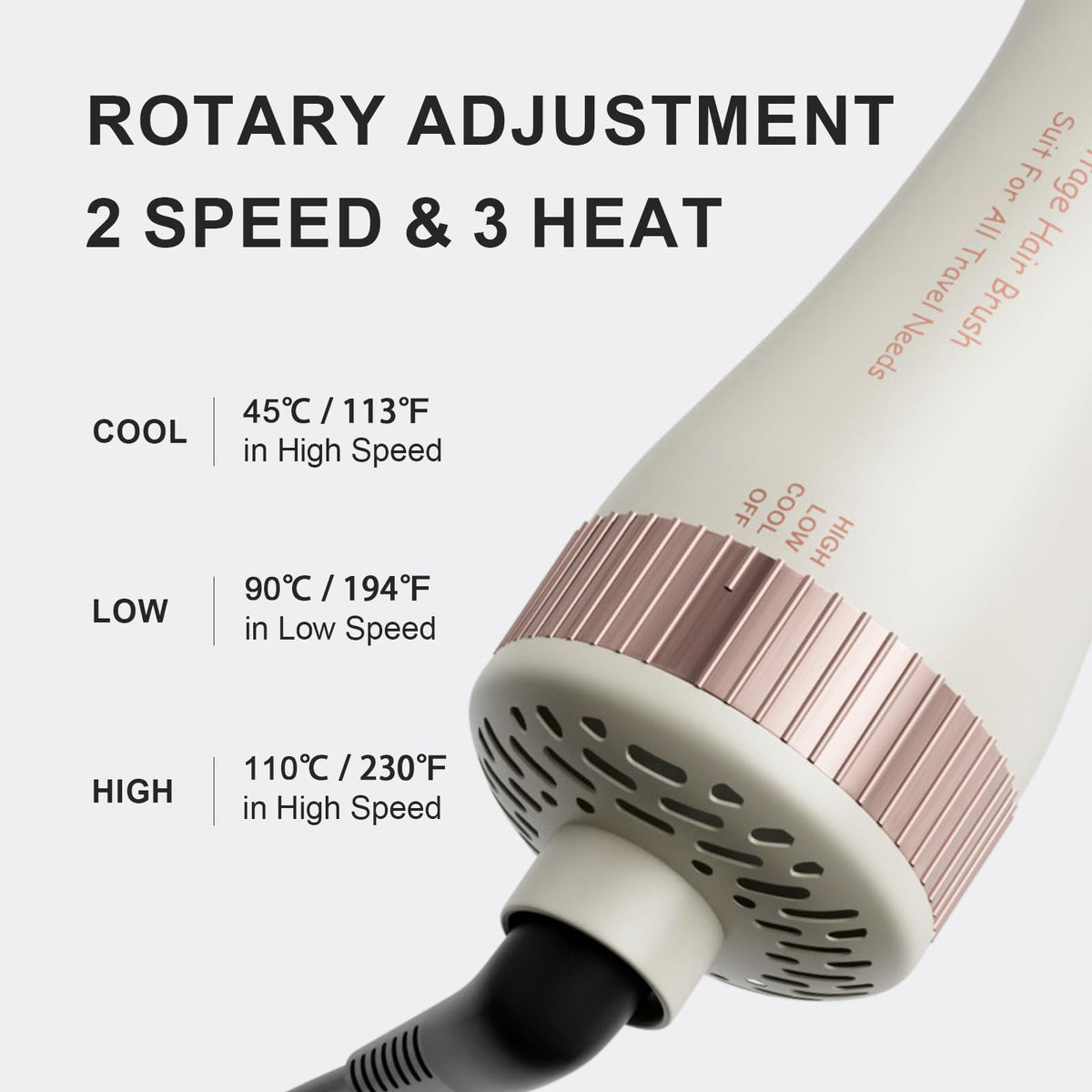 Rotary temperature control dial on the base of the Olaermoso blow dryer brush demonstrating the three heat settings.