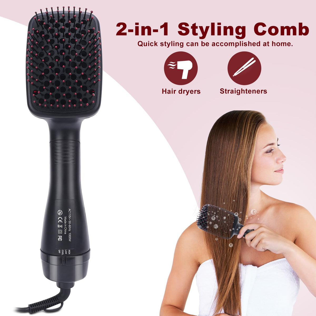 Sonew negative ion hot air brush paddle head highlighting the detangling bristles layout