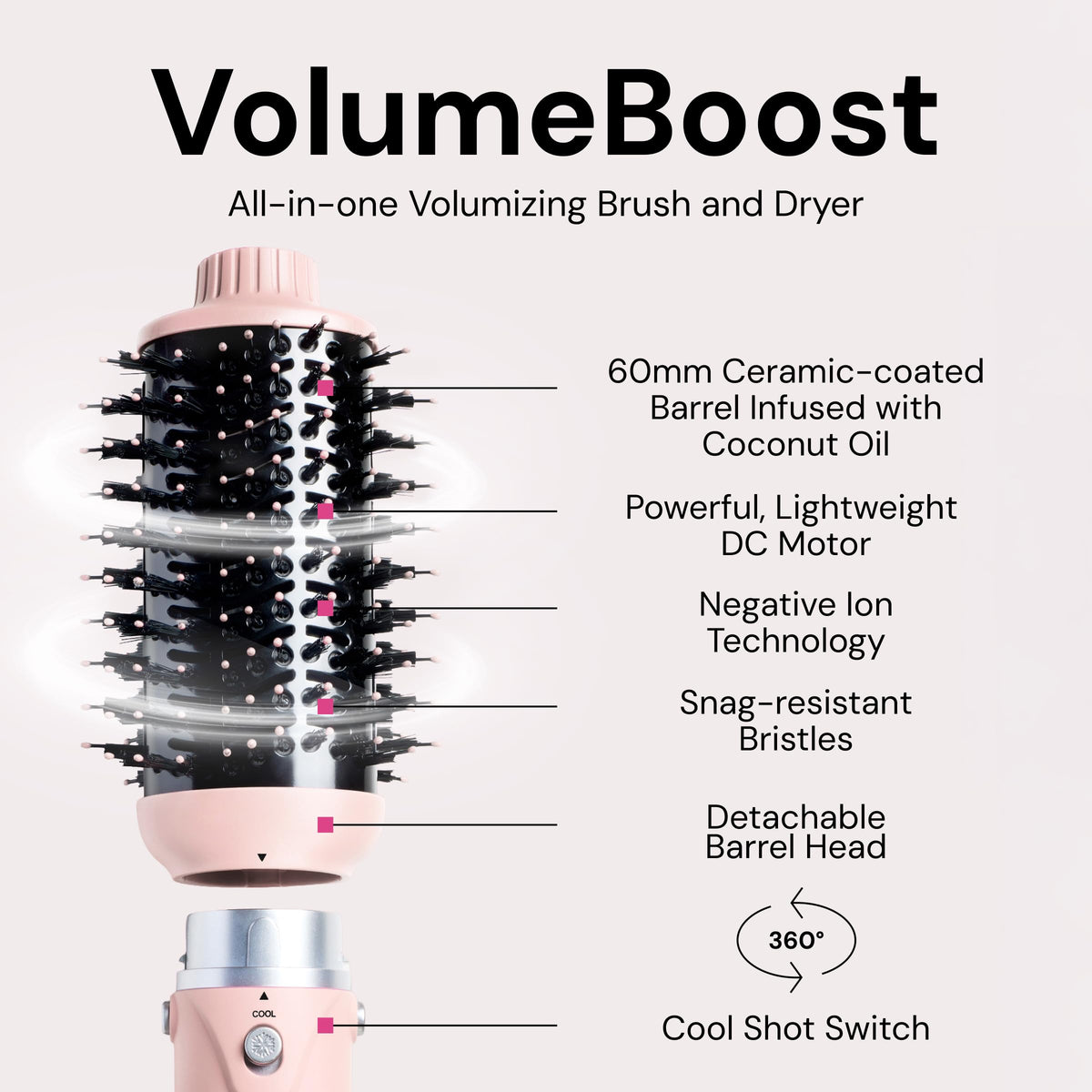 L'ANGE HAIR VolumeBoost blowout brush close up on the sixty millimeter ceramic barrel infused with coconut oil