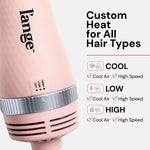 L'ANGE HAIR styling tool handle showcasing the adjustable high low and cool airflow settings dial