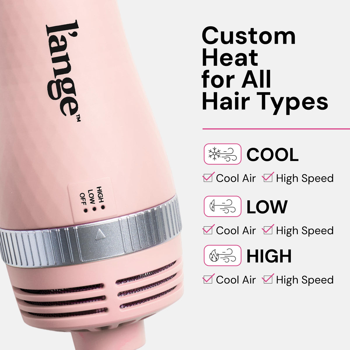 L'ANGE HAIR styling tool handle showcasing the adjustable high low and cool airflow settings dial