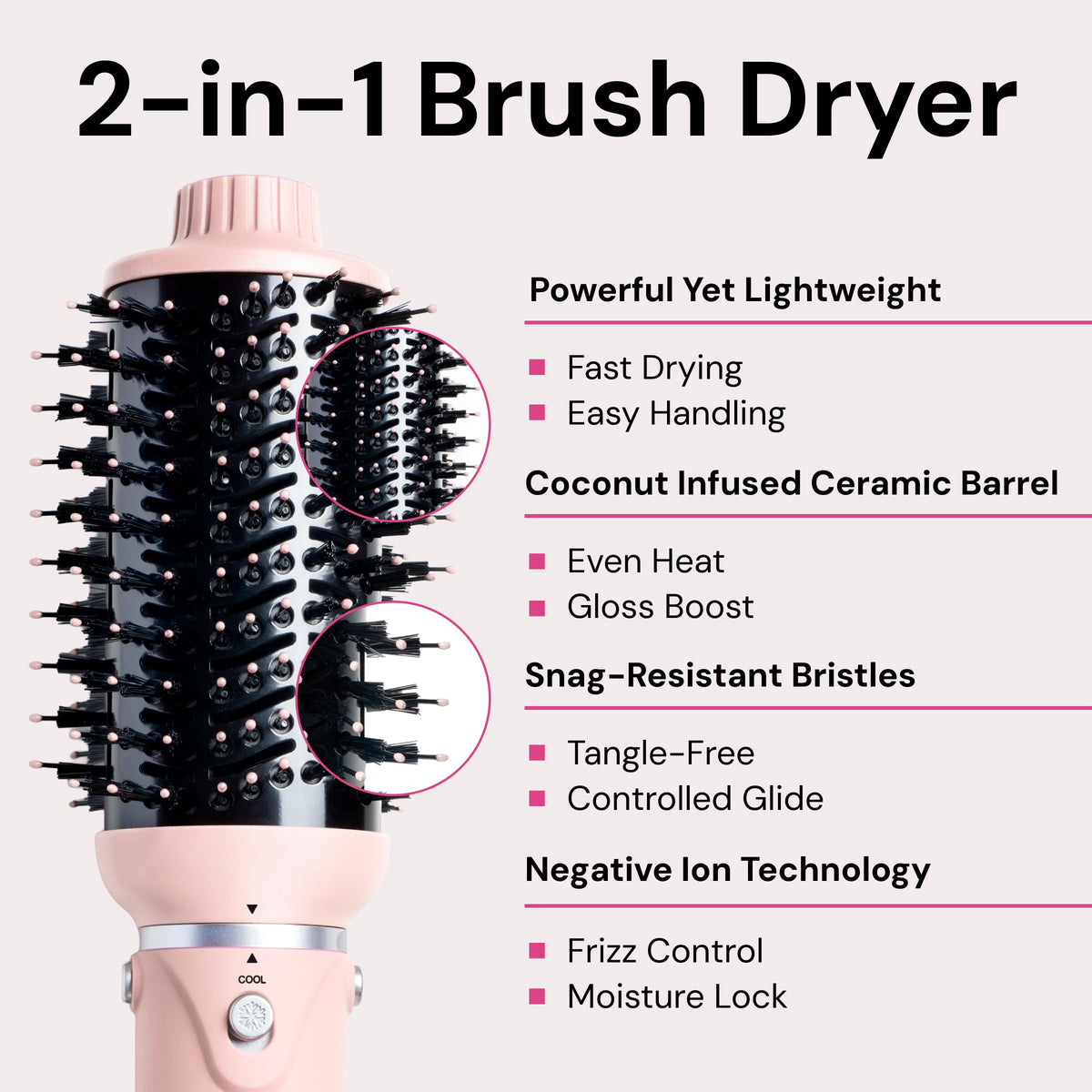 L'ANGE HAIR professional volumizing hot air brush angled view displaying the dual bristle pattern for detangling