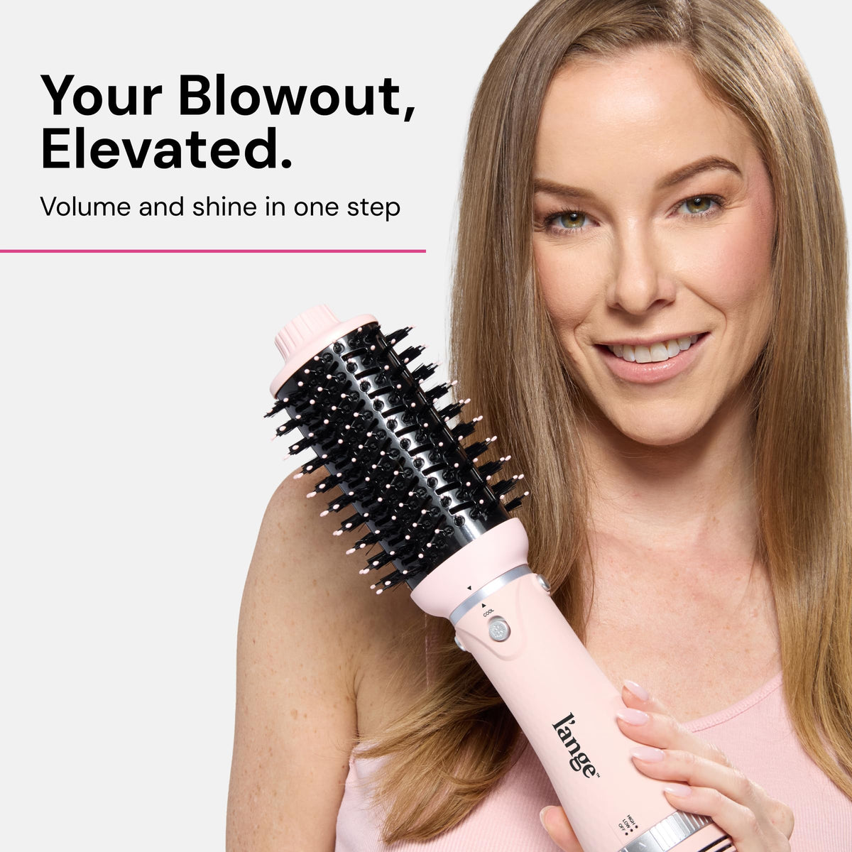 L'ANGE HAIR VolumeBoost 2-in-1 dryer brush ceramic barrel top view illustrating the airflow vents for fast drying