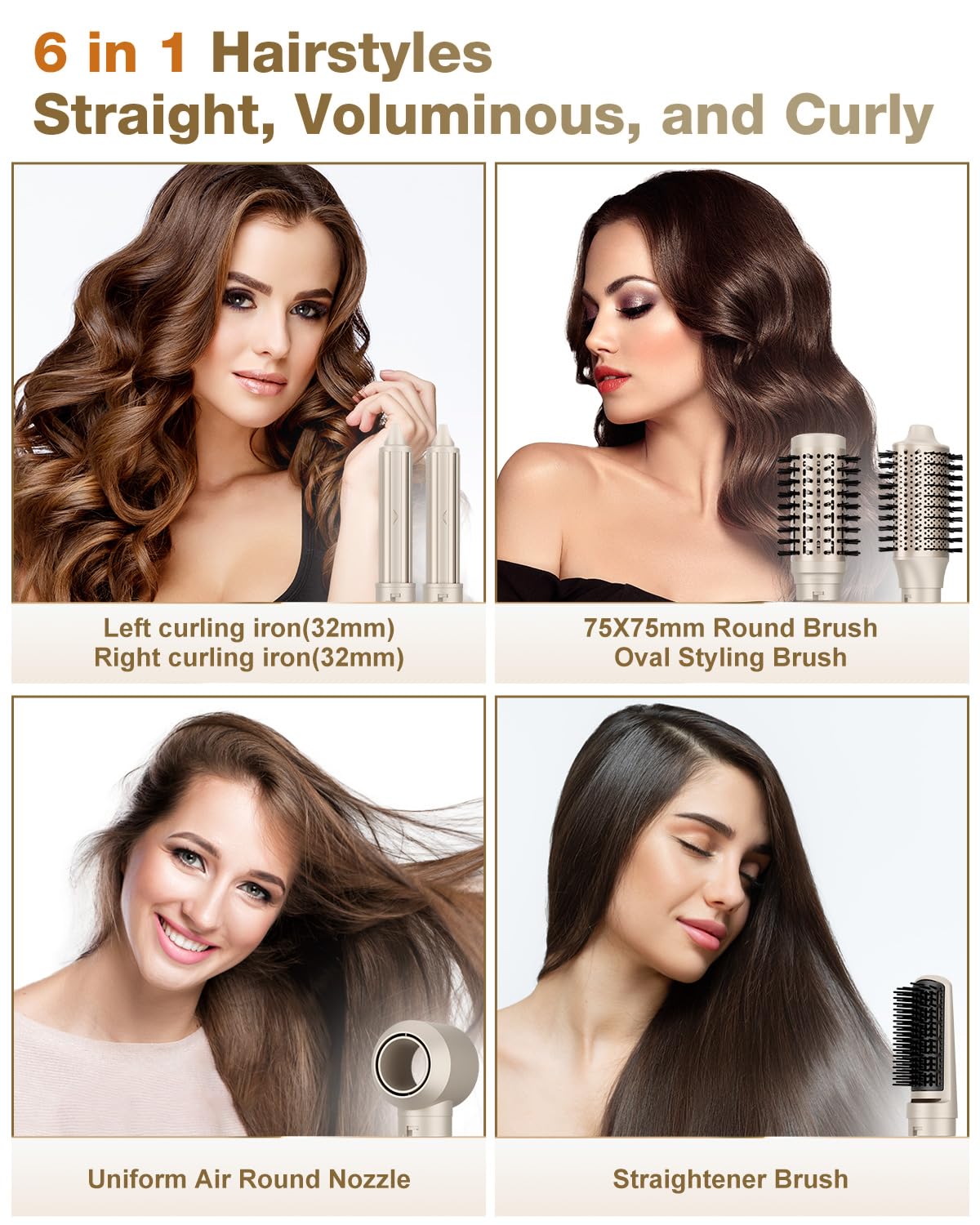 7MAGIC high speed hair dryer tool with six interchangeable styling attachments displayed on a sleek surface