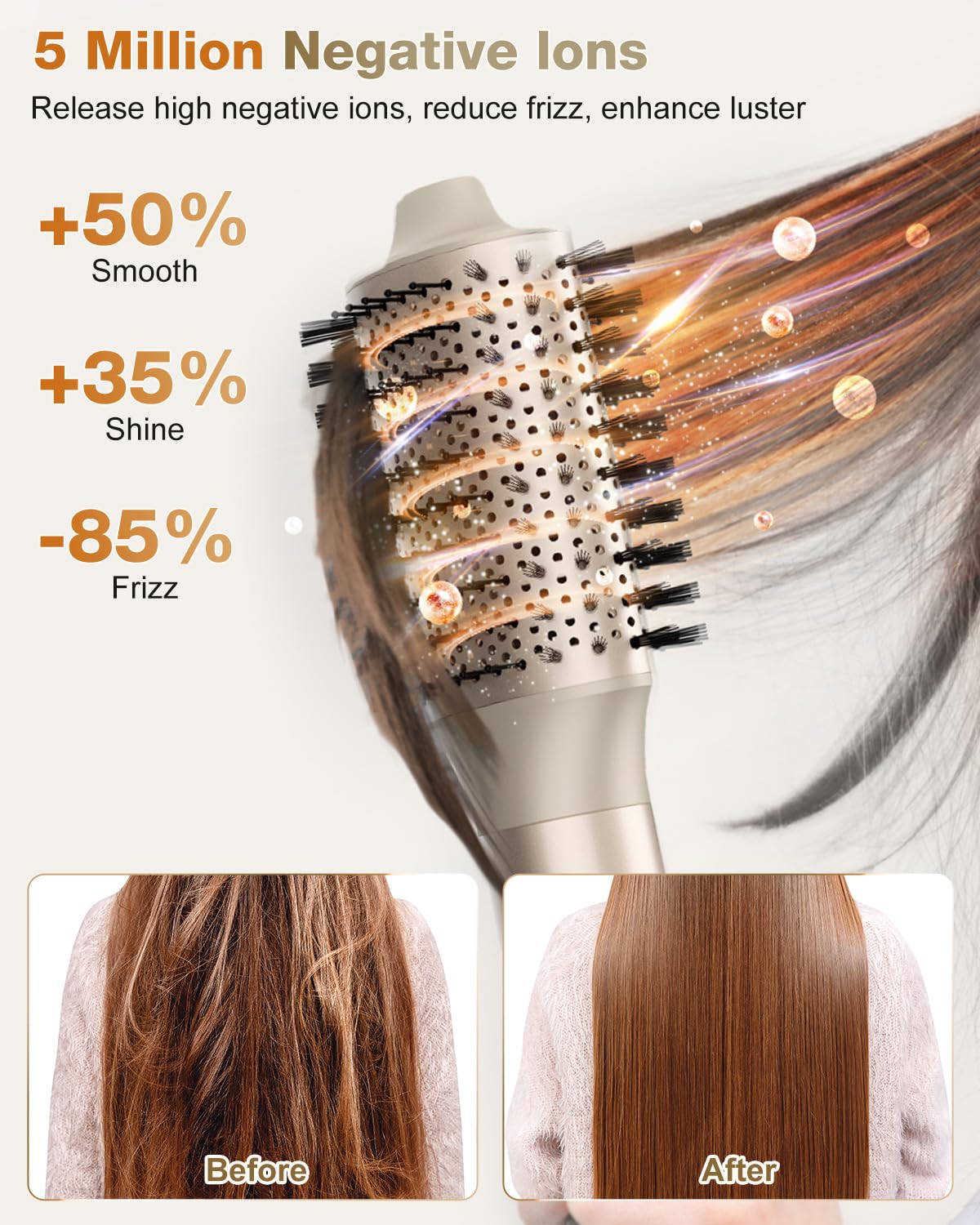 Premium gold hair dryer brush by 7MAGIC demonstrating the volume maximizing brush head design