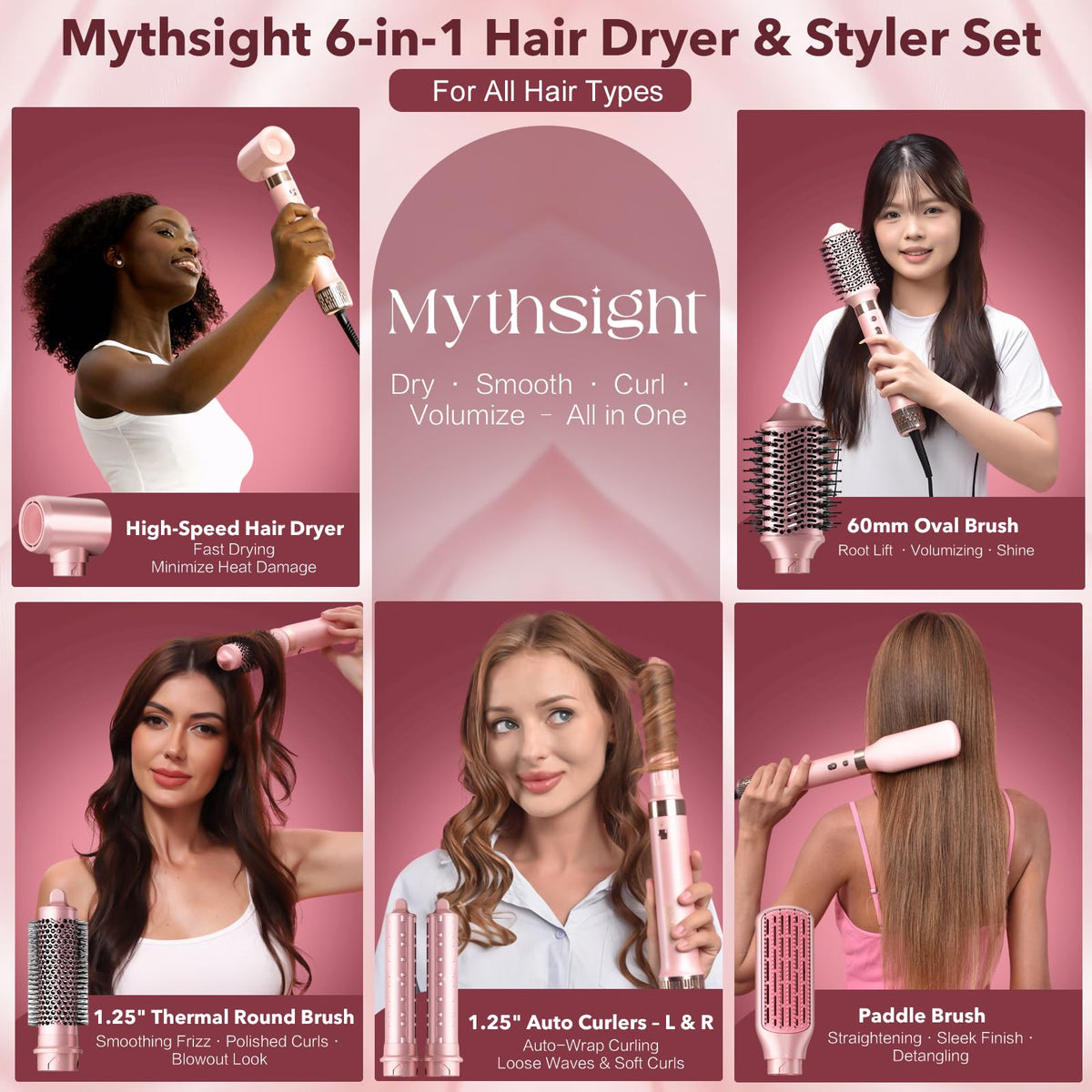 Mythsight multi-functional hot air hair dryer brush pink variant with its premium travel storage case.