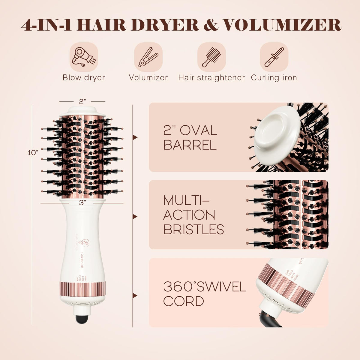 Hair Trends dual voltage styler top angle view demonstrating the airflow vents on the oval brush head