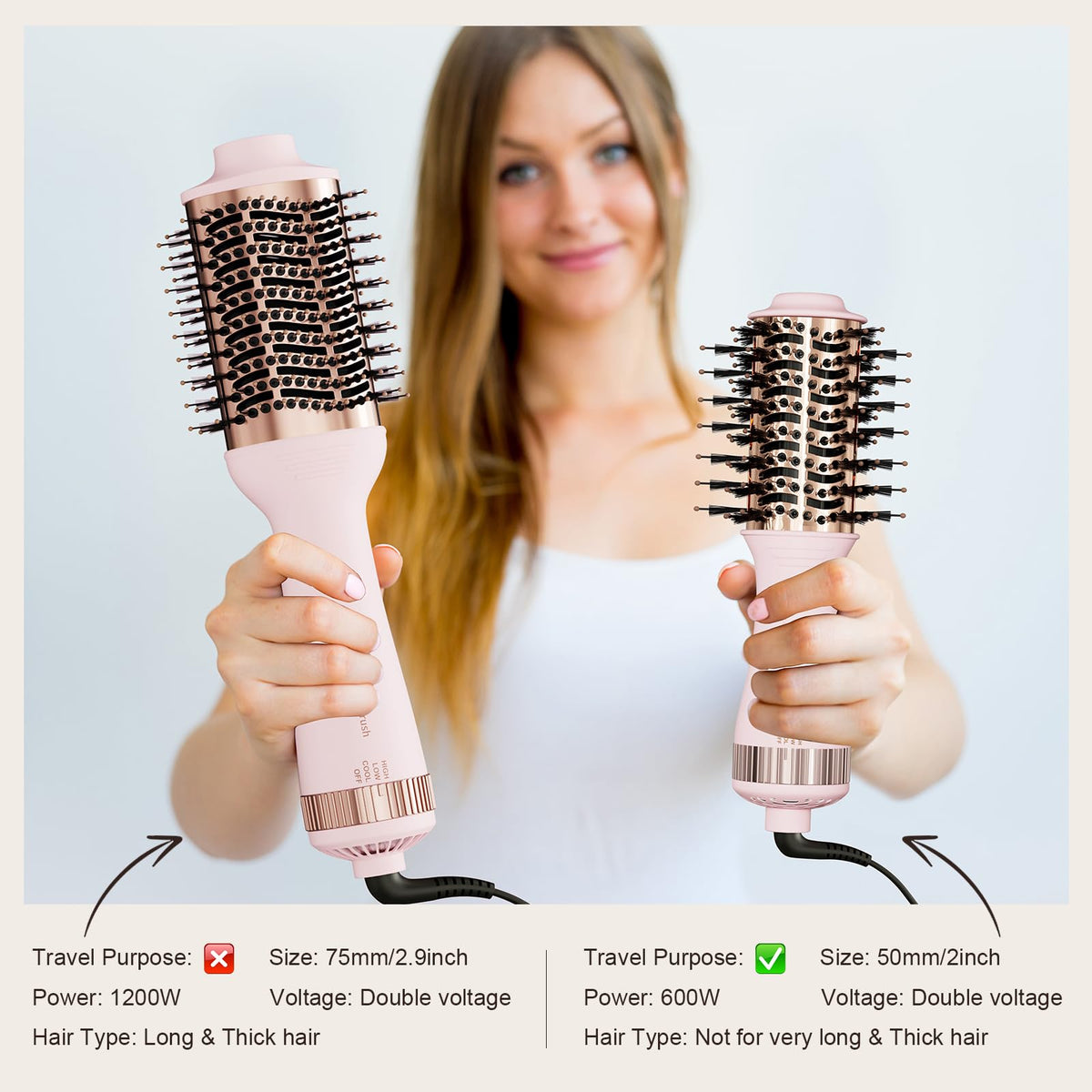 Portable travel friendly blow brush side view highlighting the sleek profiling for easy packing