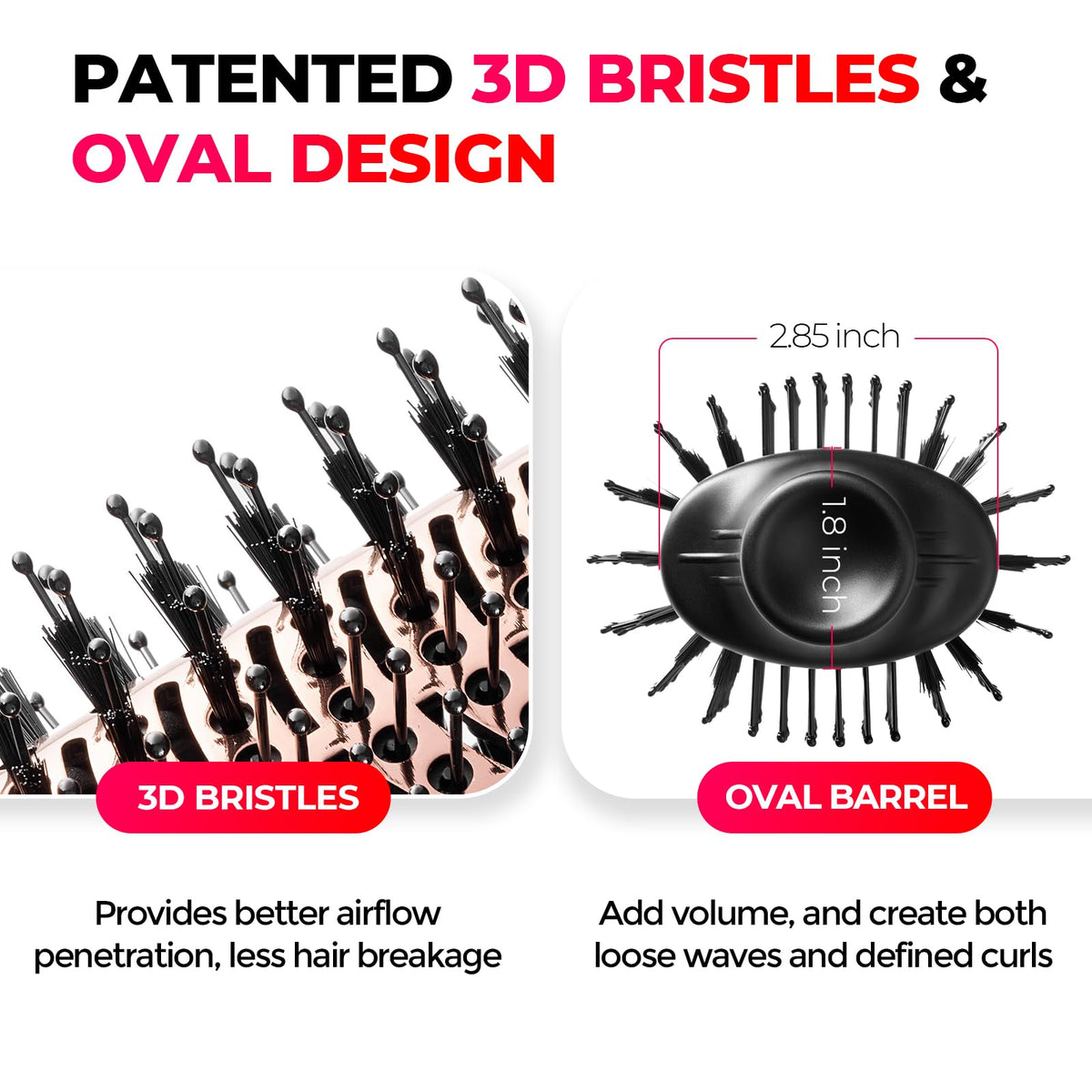 Side profile of the four in one ionic blow dryer brush highlighting the three hundred and sixty degree airflow vents.