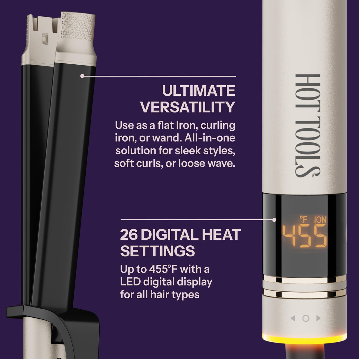 Hot Tools dual voltage hair straightener and curling iron tool displaying the long barrel design