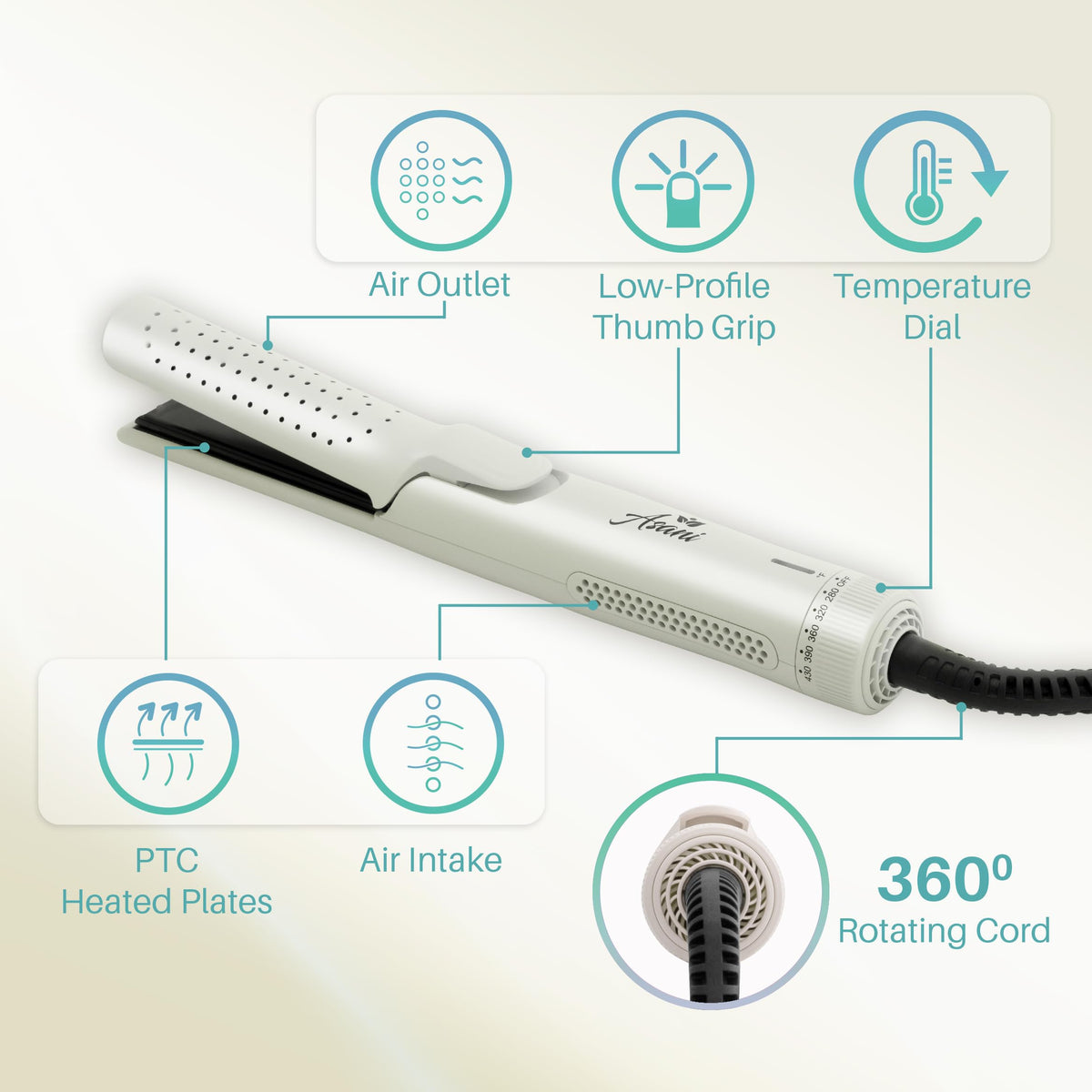 Asani hair styling tool showcasing the 360 degree cooling fan air vents close up