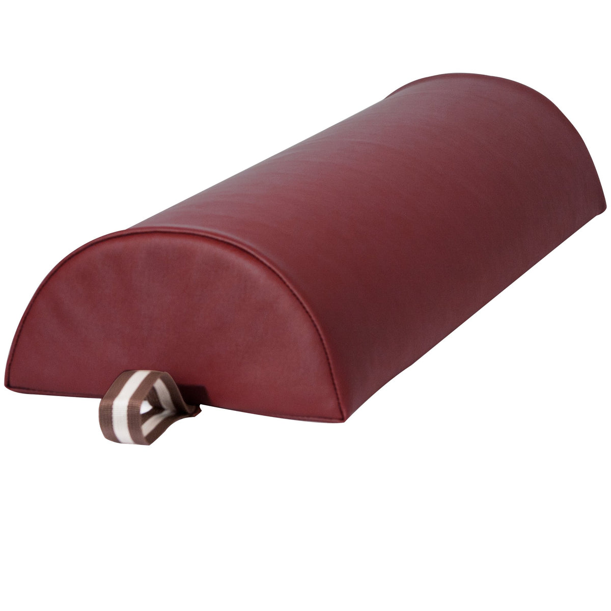Side profile of Master Massage burgundy bolster showing flat base
