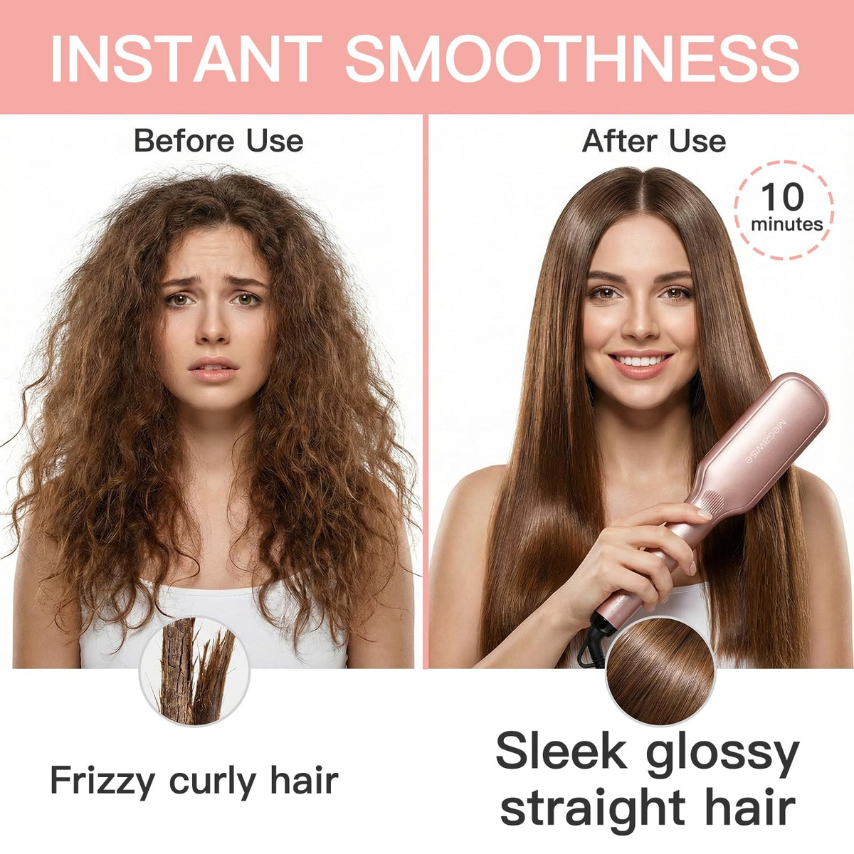 Side profile of Megawise ionic straightener with anti-scald bristles