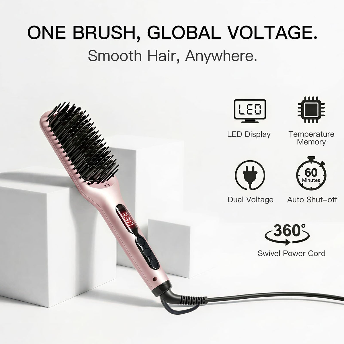 Megawise hair straightener brush showing temperature control buttons